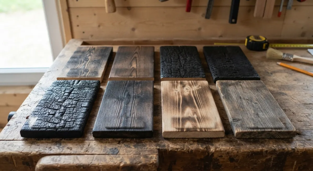 Échantillons de bardage en bois brûlé, du noir profond au brossé, posés sur un établi