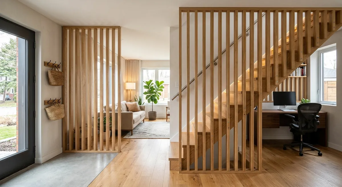 Claustras en tasseaux de bois séparant une entrée et un escalier, dans une maison contemporaine