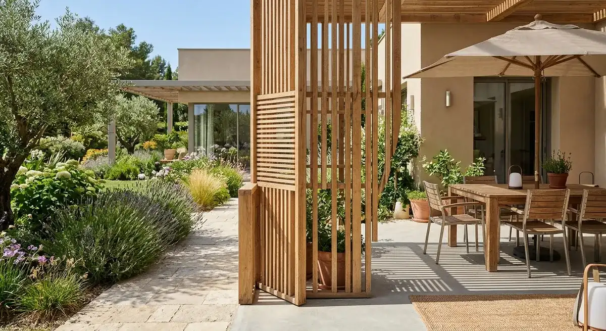 Claustra en lames de bois verticales sur une terrasse, avec pergola et jardin