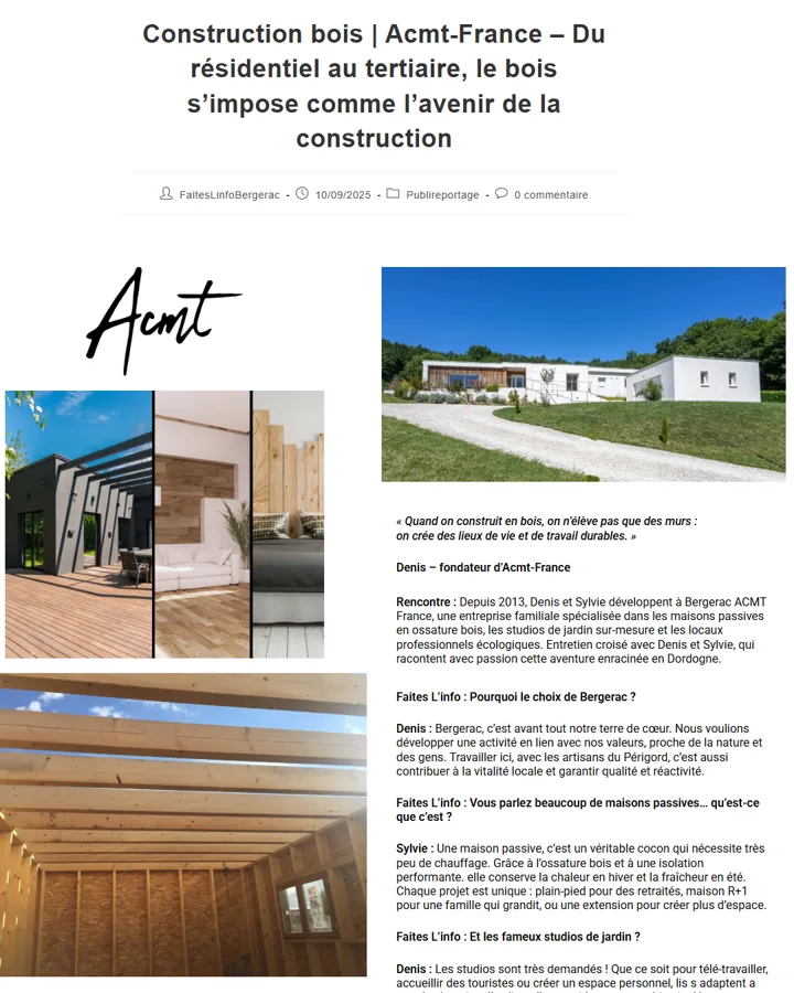 Page de l'article de Faites ! L'info du 10 septembre 2025 : « Construction bois, Acmt-France, du résidentiel au tertiaire »