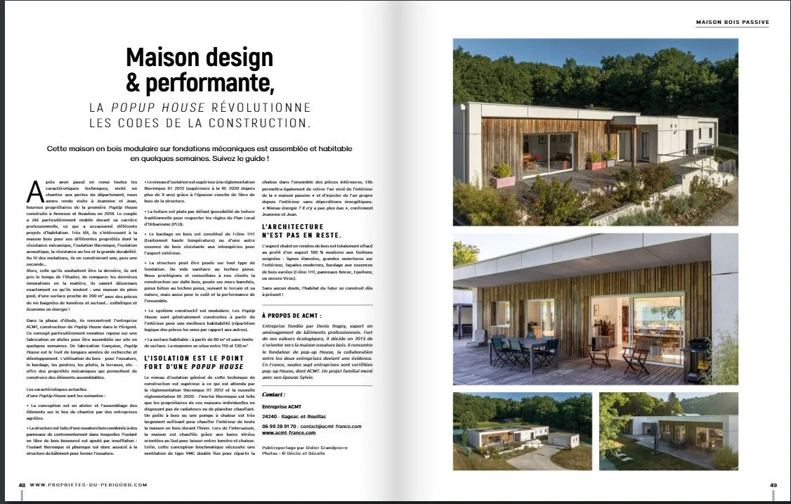 Pages 48 et 49 du magazine Propriétés du Périgord : article « Maison design et performante » sur la PopUp House près de Périgueux