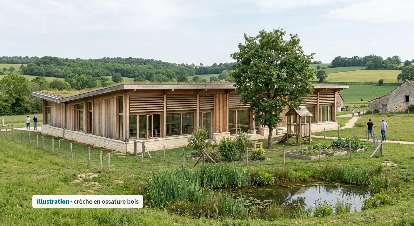 Illustration : crèche de plain-pied en ossature bois avec brise-soleil, toiture végétalisée, jardin potager et mare, dans la campagne