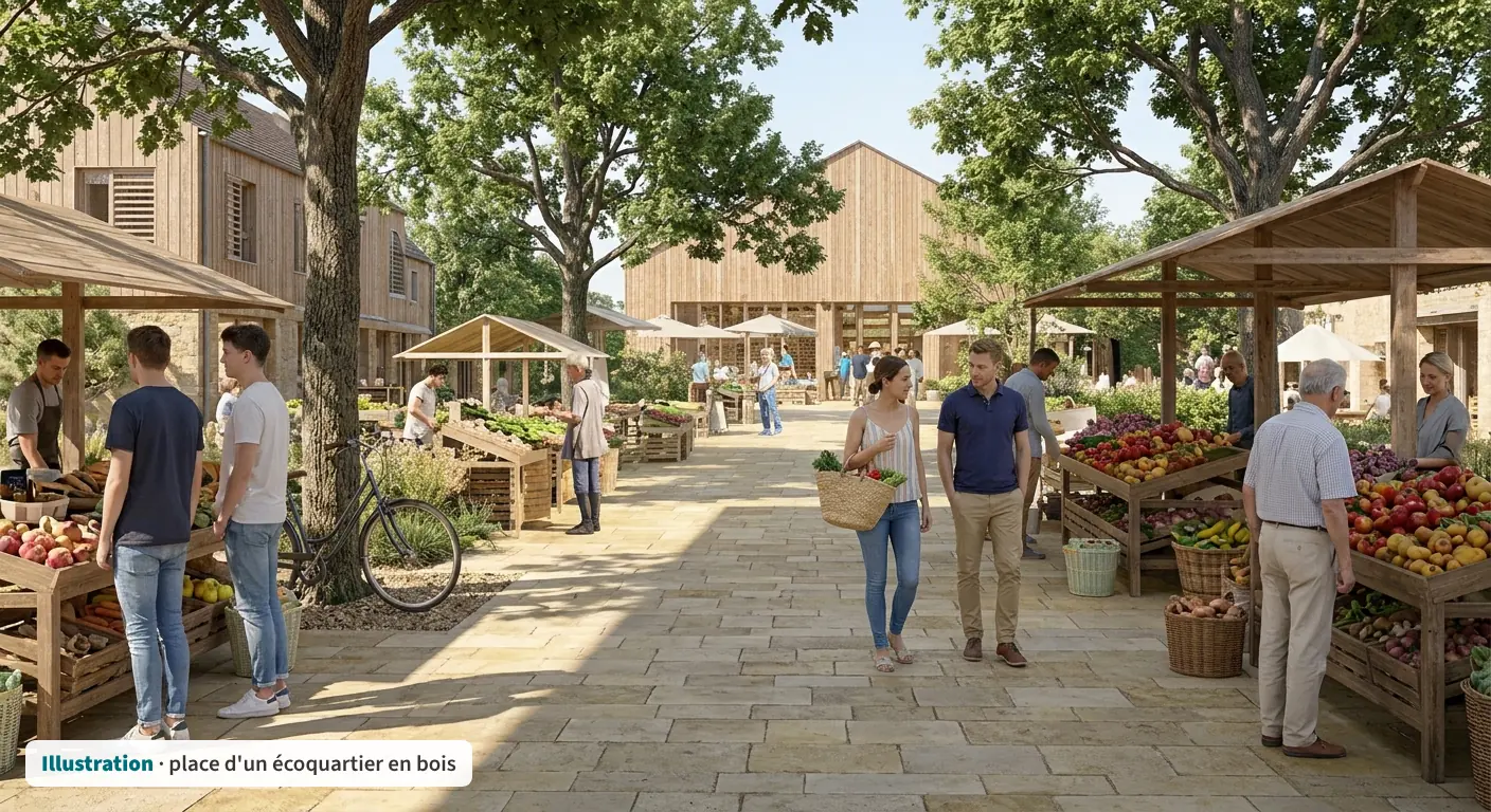 Illustration : marché de producteurs sur une place pavée, entourée de bâtiments en ossature bois et de grands arbres