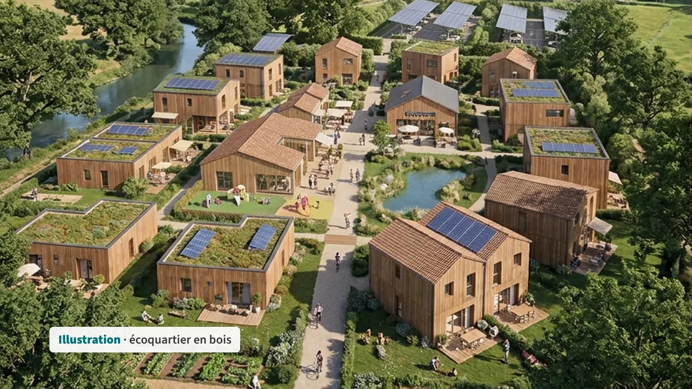 Illustration : écoquartier de maisons et petits bâtiments en ossature bois, toitures végétalisées et solaires, autour d'un bassin et d'une rue piétonne