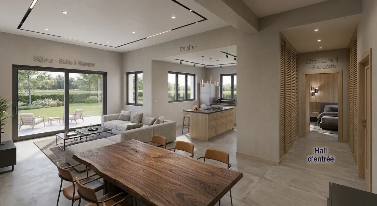 Vue 3D d'une maison de plain-pied : séjour ouvert sur la terrasse, cuisine avec îlot, hall d'entrée et chambre parentale