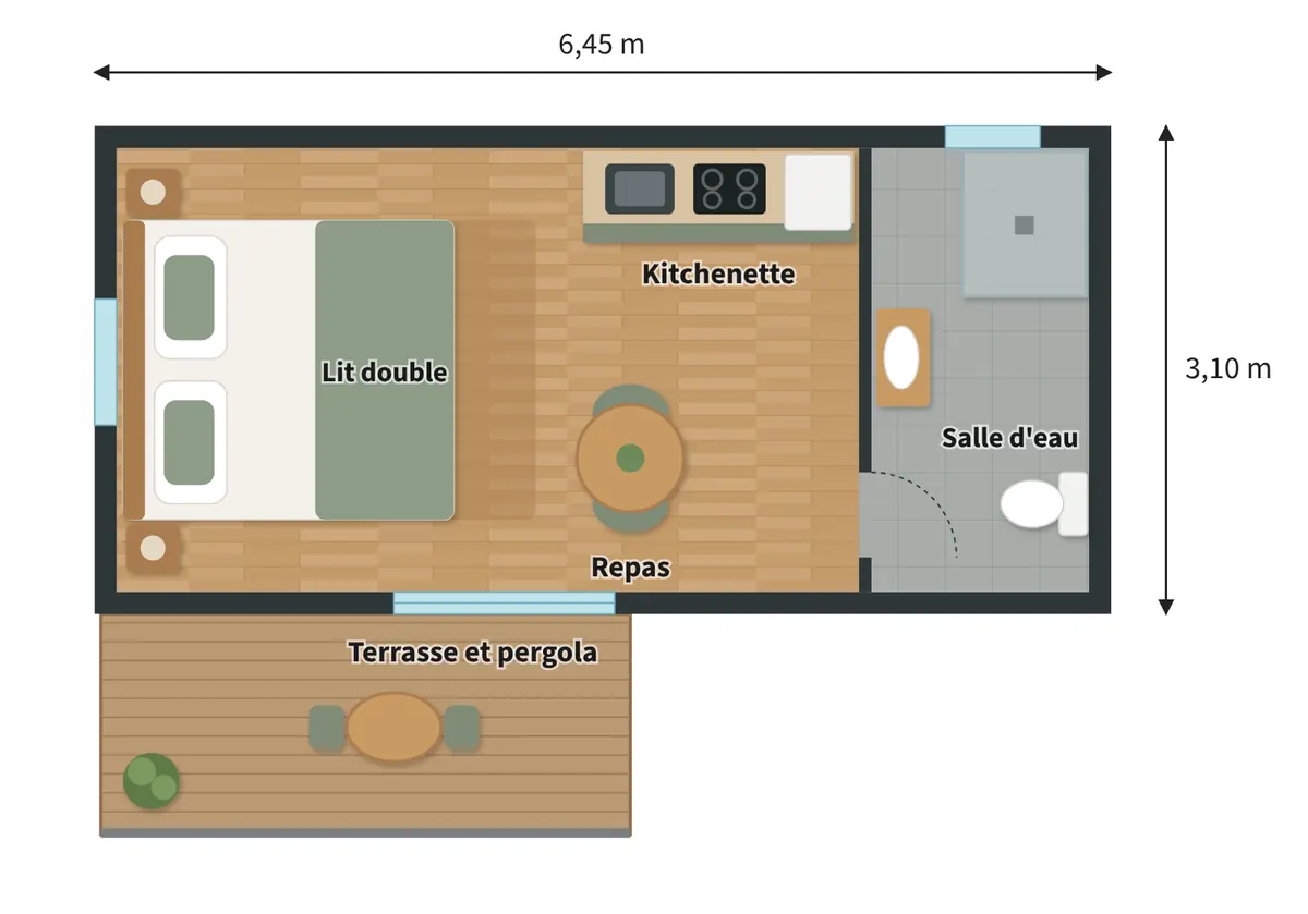 Plan meublé du module 20 m² en vue de dessus : lit double, kitchenette, table ronde, salle d'eau et terrasse devant la baie vitrée