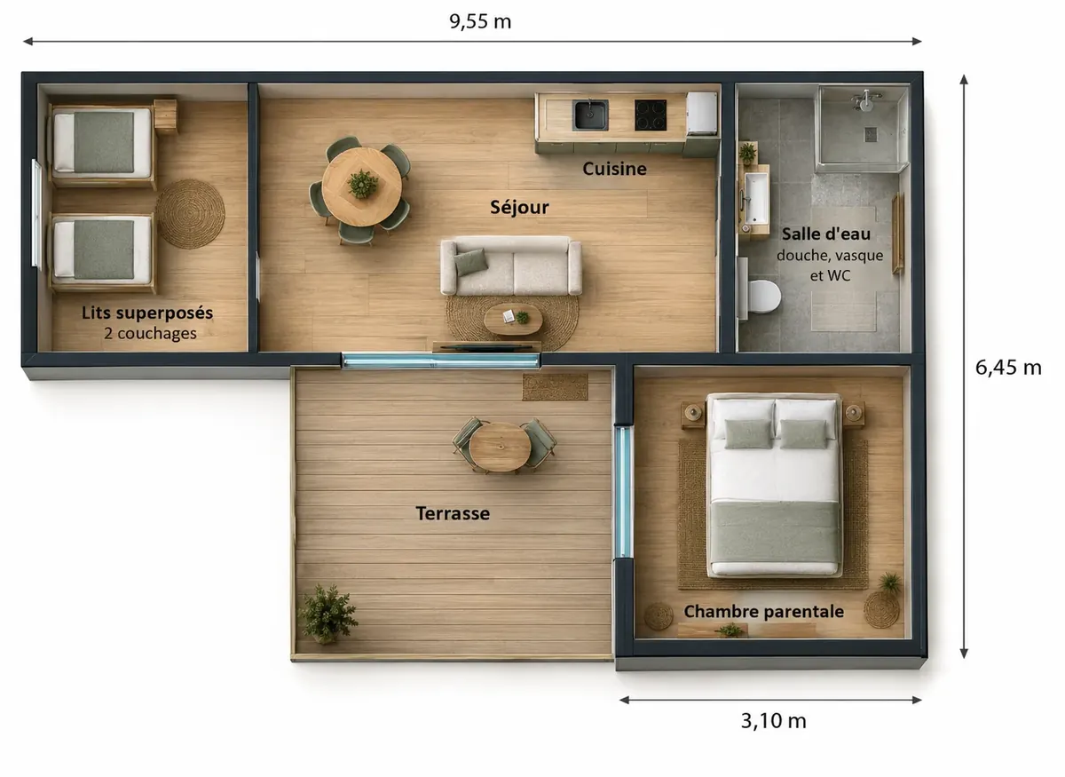 Plan meublé du module 40 m² en vue de dessus : chambre enfants, séjour avec cuisine, salle d'eau, chambre parentale et terrasse dans l'angle du L