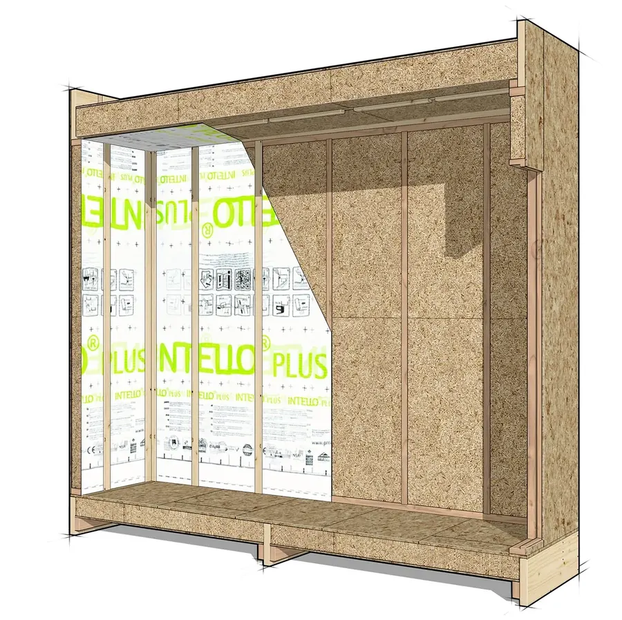 Coupe d'une paroi en ossature bois : plancher, montants, contreventement et frein-vapeur Intello