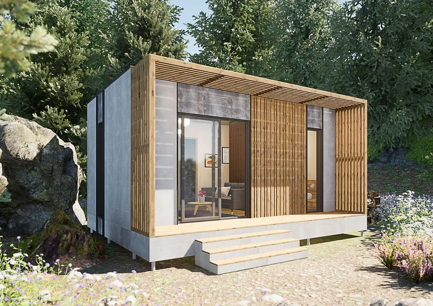 Studio bois ACMT avec terrasse et pergola à lames, en lisière de forêt