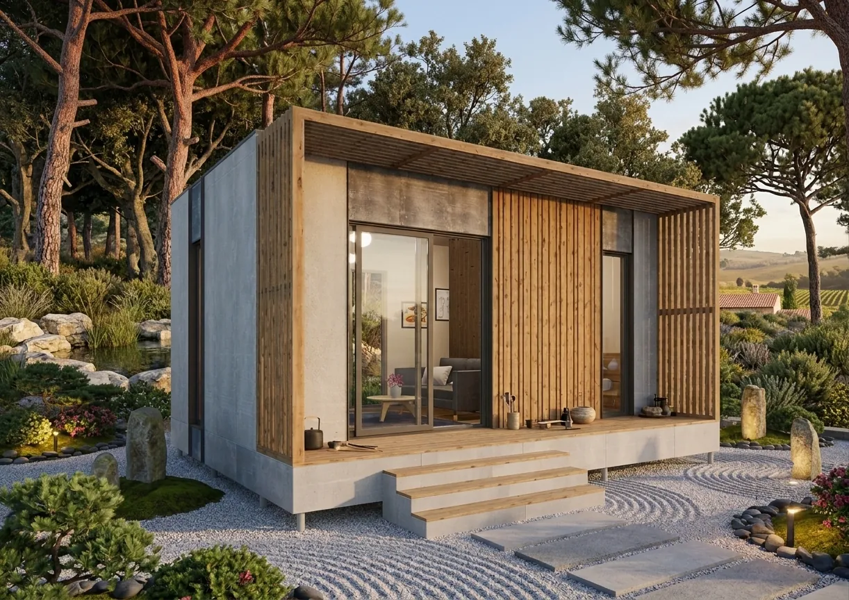 Studio ACMT 20 m² sur plots, panneaux bois-ciment gris, claire-voie bois, pergola à lames et terrasse avec emmarchement, dans un jardin de graviers sous les pins