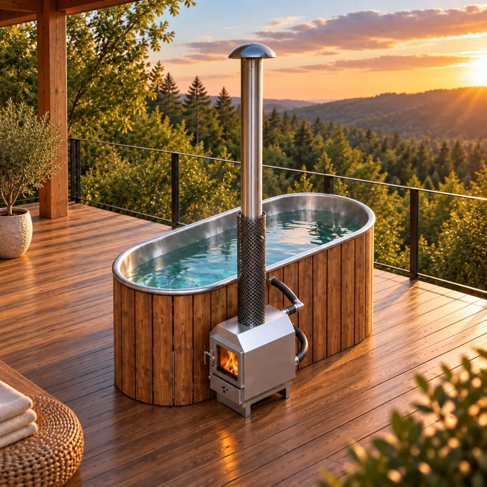 Bain nordique en inox habillé de bois, chauffé par un poêle à bois, sur une terrasse face à la forêt