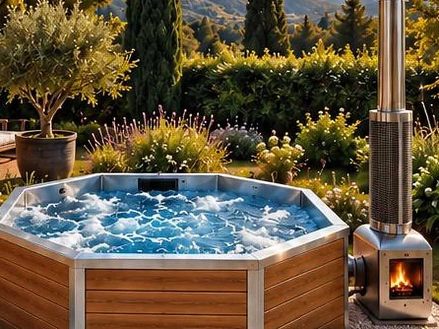 Spa hybride octogonal en inox habillé de bois, avec poêle à bois et réchauffeur, dans un jardin