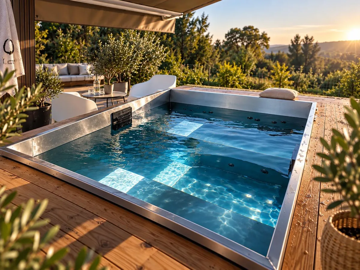 Spa en inox encastré dans une terrasse bois, avec banquettes et buses d'hydromassage