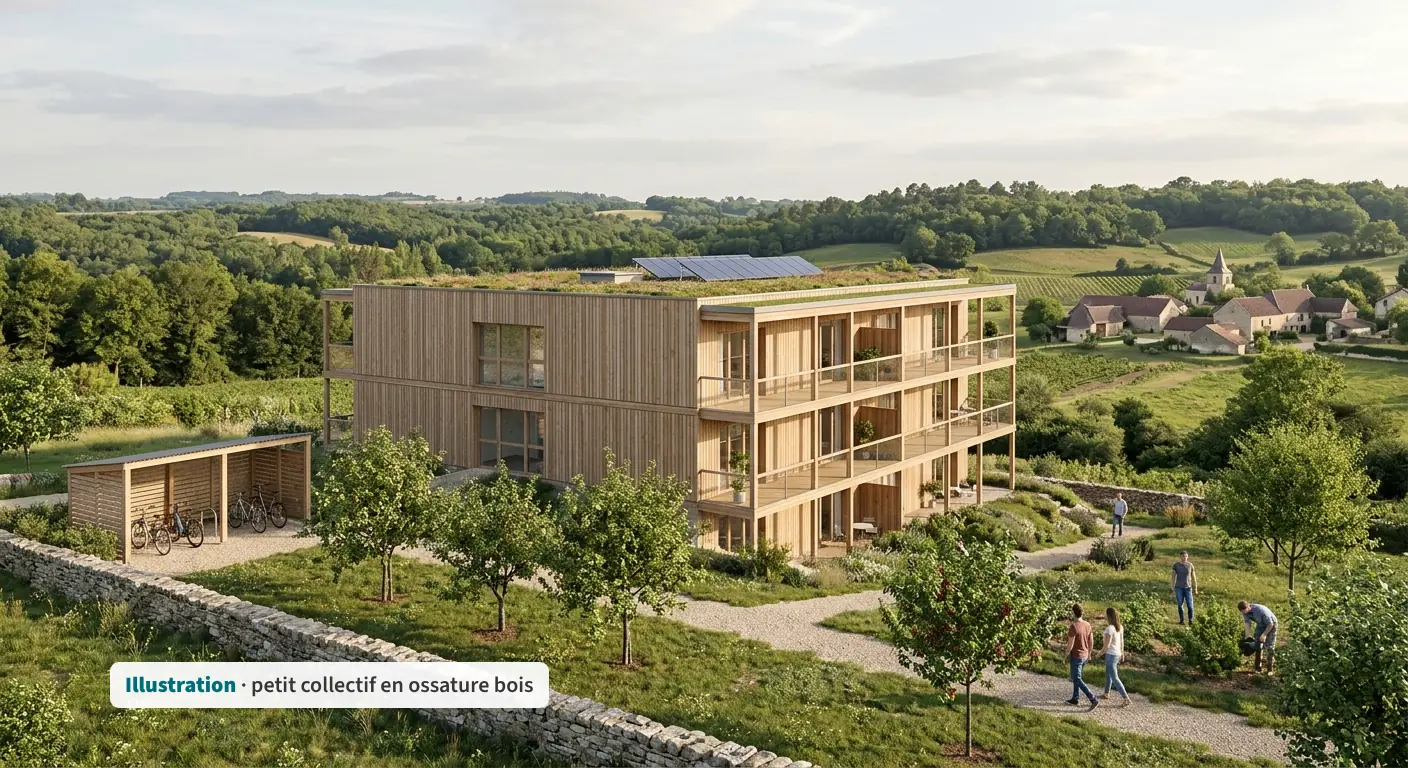Illustration : petit immeuble de logements en ossature bois sur trois niveaux, balcons au sud, toiture végétalisée et solaire, verger et abri vélos