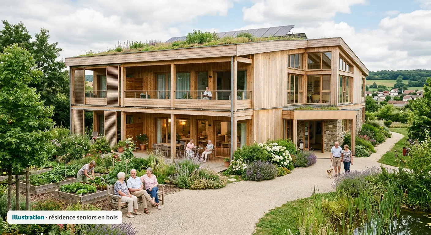 Illustration : résidence seniors en ossature bois sur deux niveaux, toiture végétalisée, jardin potager et bassin