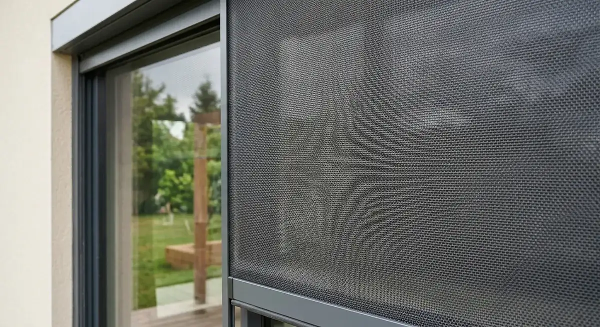 Screen extérieur en toile micro-perforée devant une baie vitrée