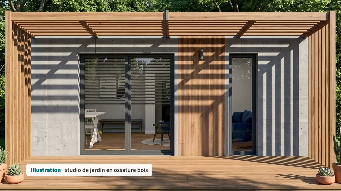 Illustration : studio de jardin en ossature bois, panneaux bois-ciment gris et lames de bois, grande terrasse sous pergola à lames