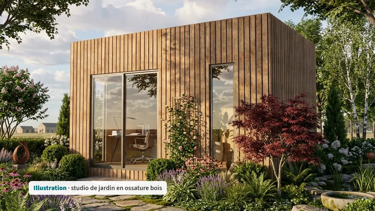 Illustration : studio de jardin en ossature bois aménagé en bureau, bardage bois vertical et grande baie vitrée, au milieu d'un jardin fleuri