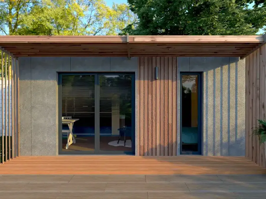 Présentation 3D d’un studio de jardin en ossature bois avec pergola et terrasse