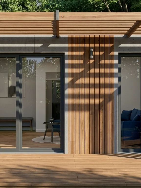 Illustration : studio de jardin en ossature bois avec pergola et terrasse bois