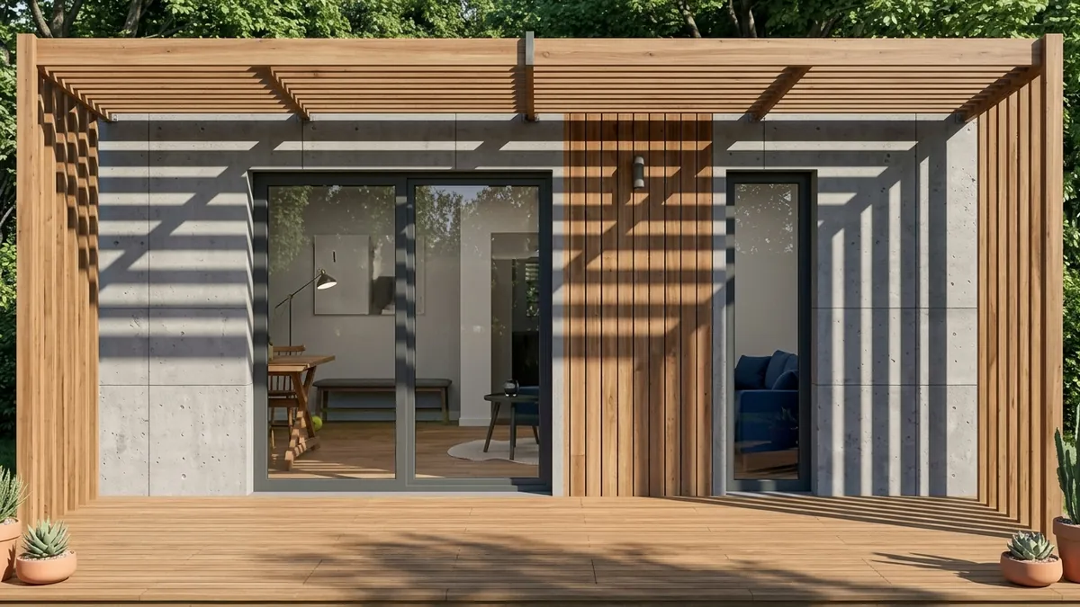 Illustration : studio de jardin en ossature bois avec pergola et terrasse bois