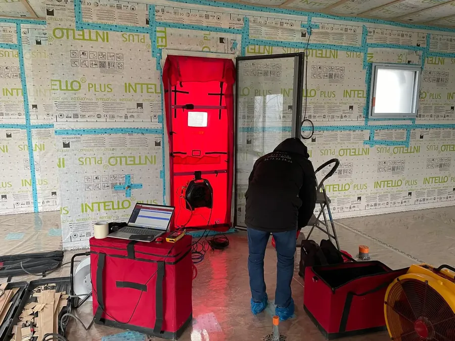 Test d'infiltrométrie sur une maison passive en chantier